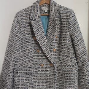 Rachel Zoe Blue and Cream Tweed Blazer with Gold Buttons